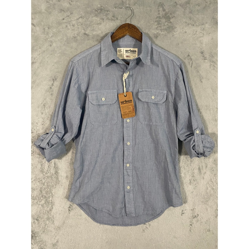 Urban Pipeline Button Up Shirt Sz S Blue Cotton Chambray Roll‎ Tab Sleeve NWT